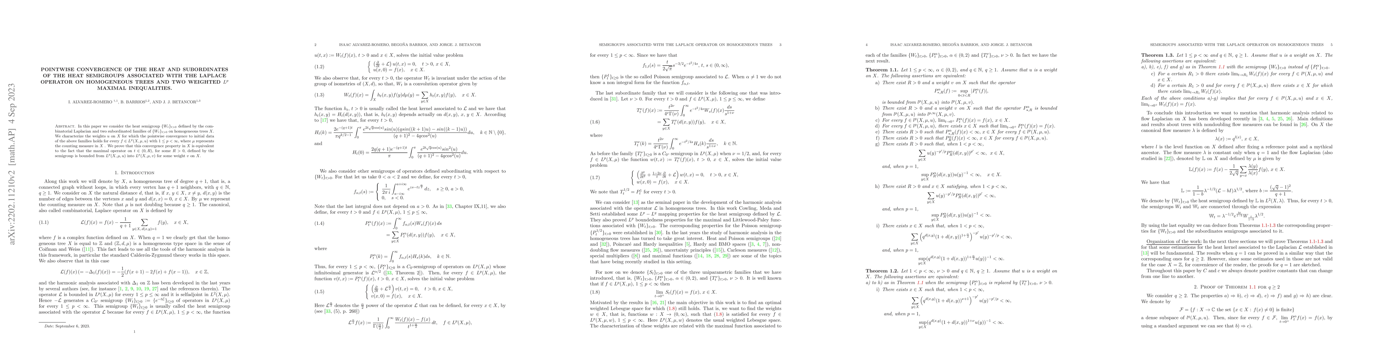 Thumbnail for Pointwise convergence of the heat and subordinates of the heat
  semigroups associated with the Laplace operator on homogeneous trees and two
  weighted $L^p$ maximal inequalities