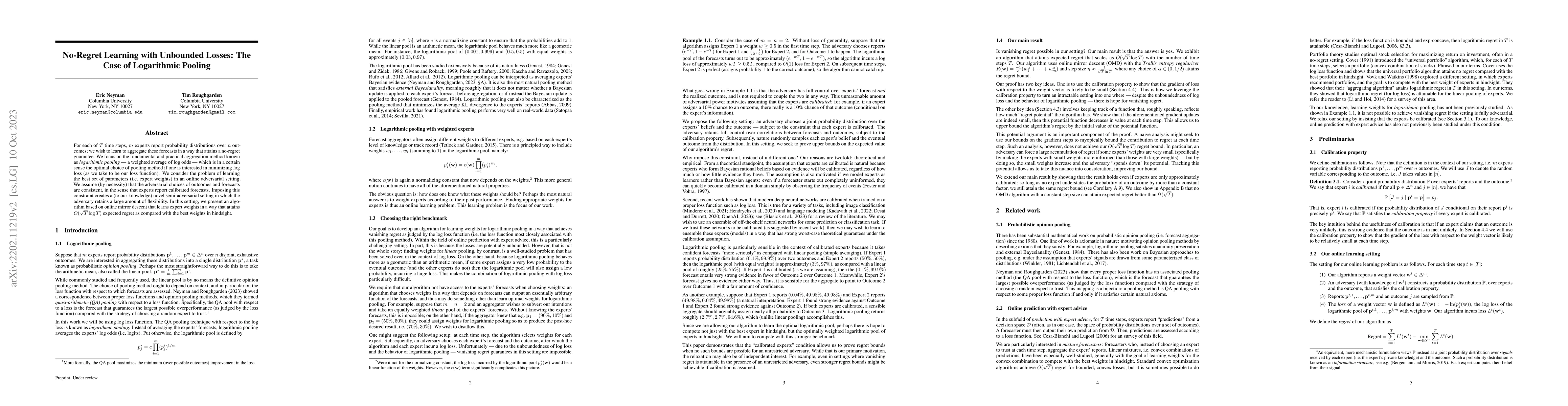 Thumbnail for No-Regret Learning with Unbounded Losses: The Case of Logarithmic
  Pooling
