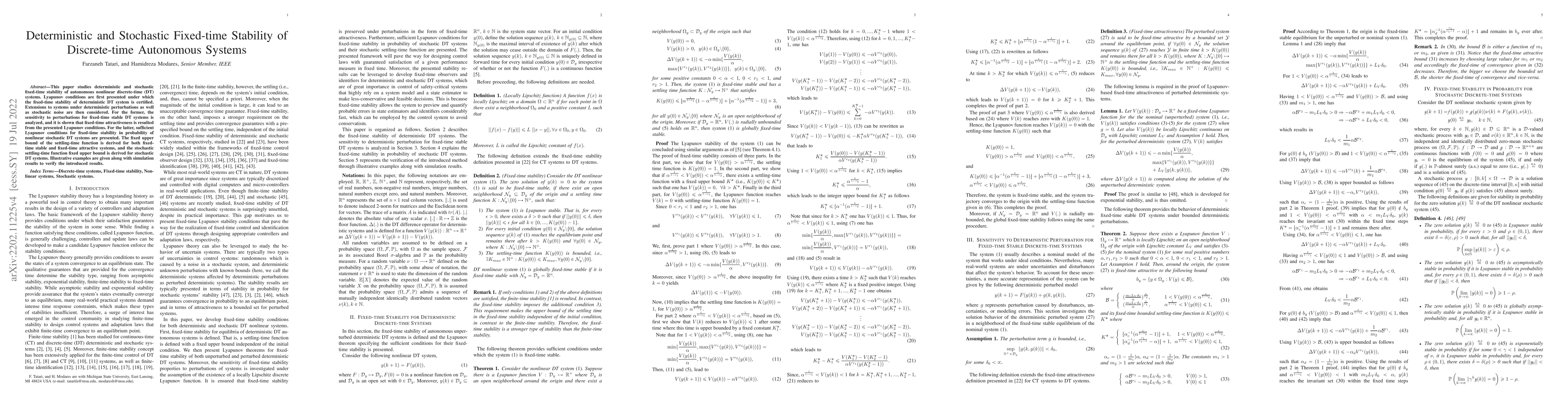 Thumbnail for Deterministic and Stochastic Fixed-time Stability of Discrete-time
  Autonomous Systems