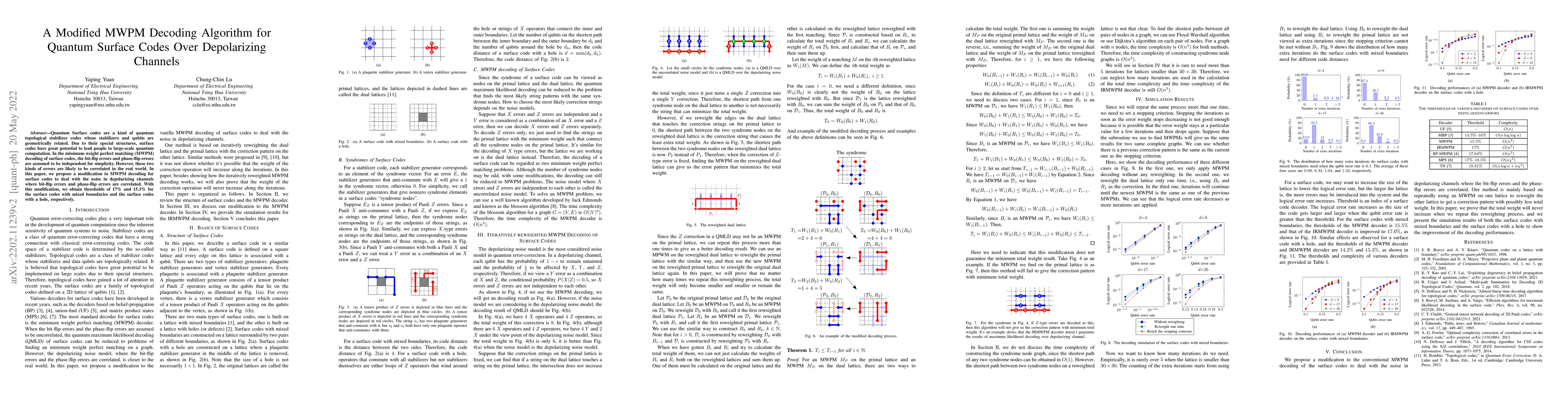 Thumbnail for A Modified MWPM Decoding Algorithm for Quantum Surface Codes Over
  Depolarizing Channels