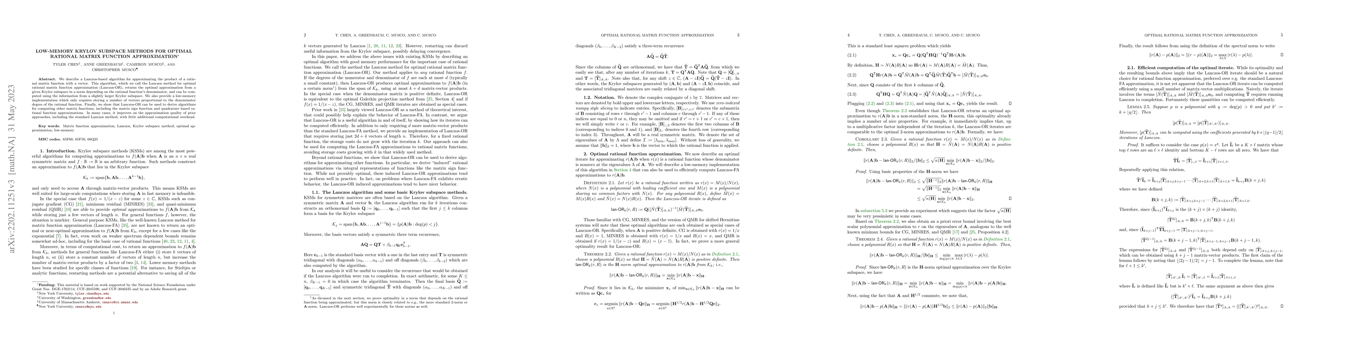 Thumbnail for Low-memory Krylov subspace methods for optimal rational matrix function
  approximation