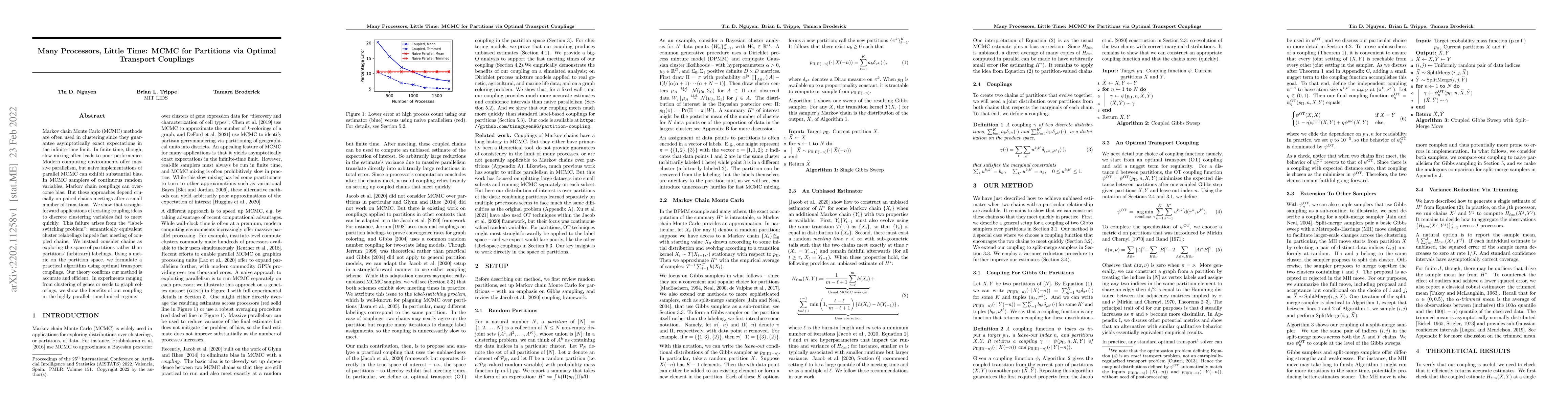 Thumbnail for Many processors, little time: MCMC for partitions via optimal transport
  couplings