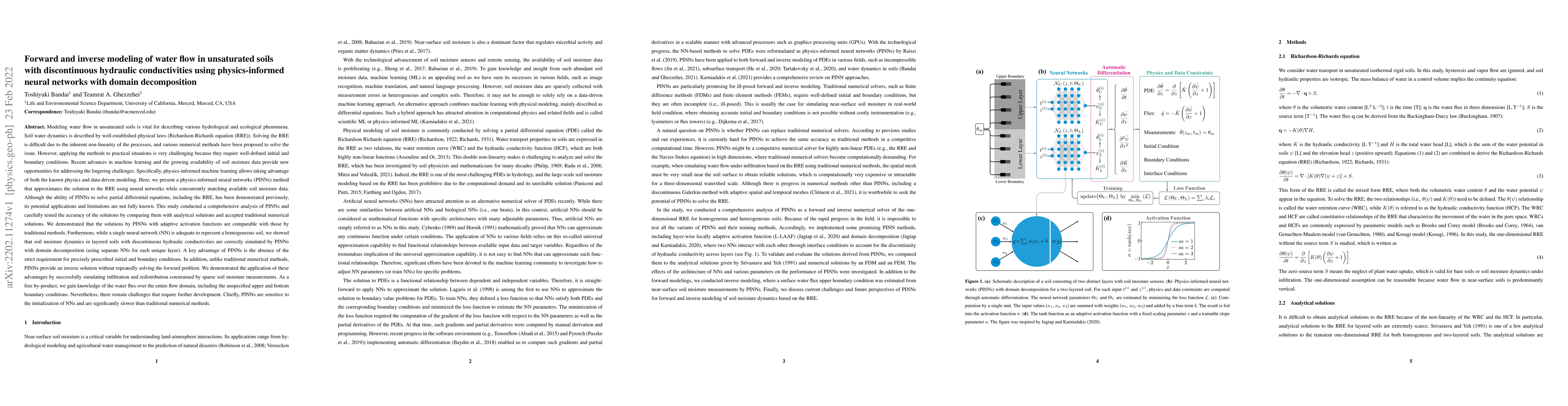 Thumbnail for Forward and inverse modeling of water flow in unsaturated soils with
  discontinuous hydraulic conductivities using physics-informed neural networks
  with domain decomposition
