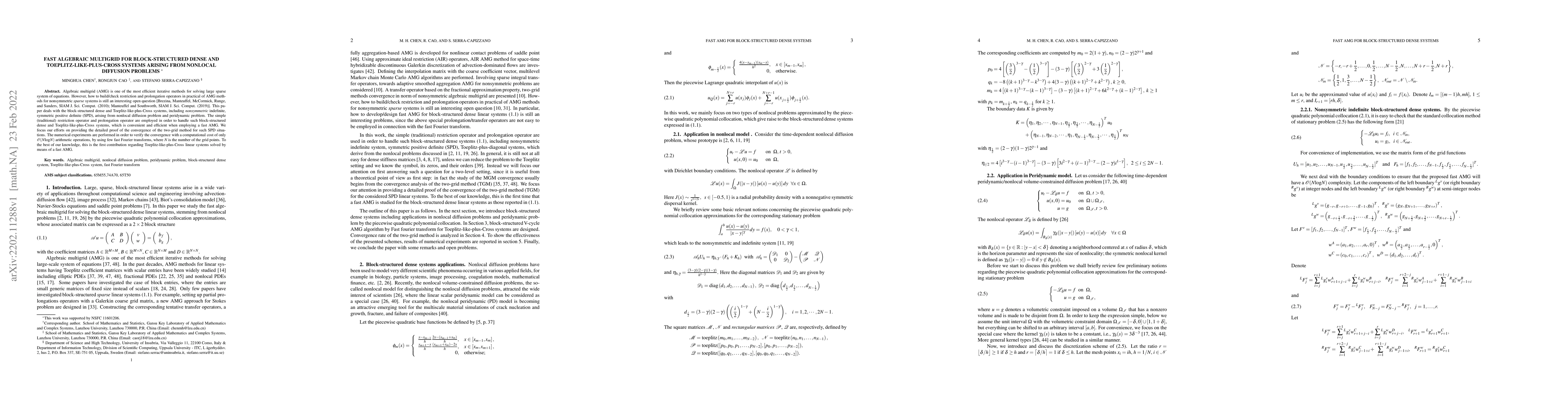 Thumbnail for Fast algebraic multigrid for block-structured dense and
  Toeplitz-like-plus-Cross systems arising from nonlocal diffusion problems
