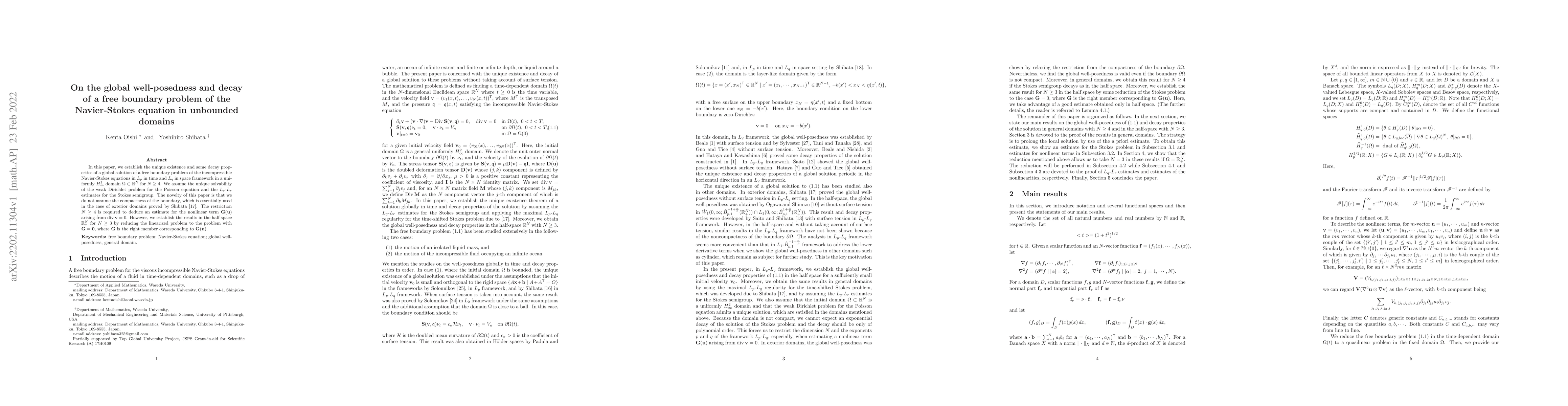 Thumbnail for On the global well-posedness and decay of a free boundary problem of the
  Navier-Stokes equation in unbounded domains