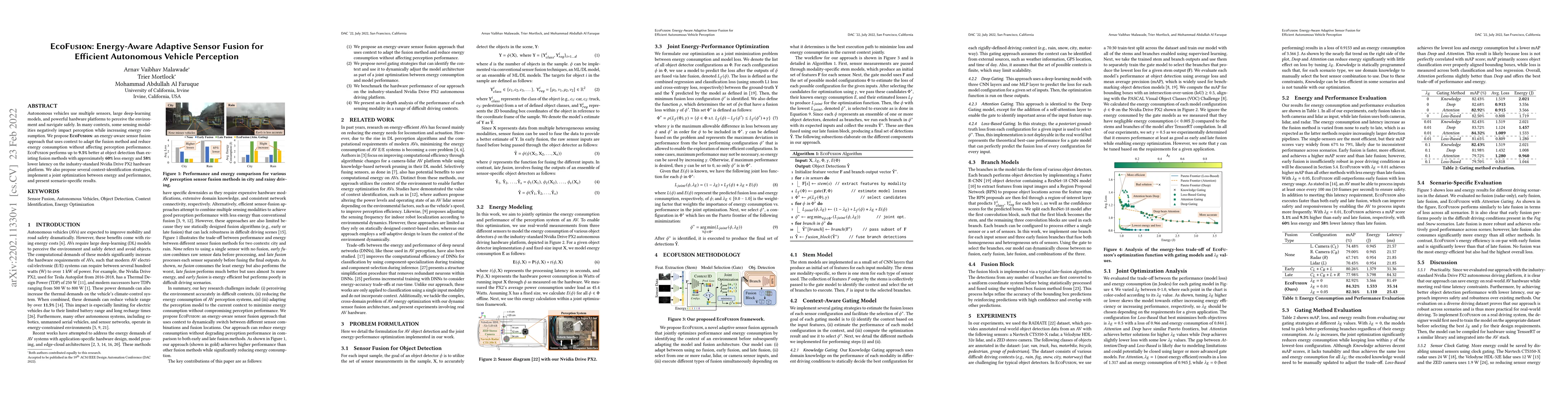 Thumbnail for EcoFusion: Energy-Aware Adaptive Sensor Fusion for Efficient Autonomous
  Vehicle Perception