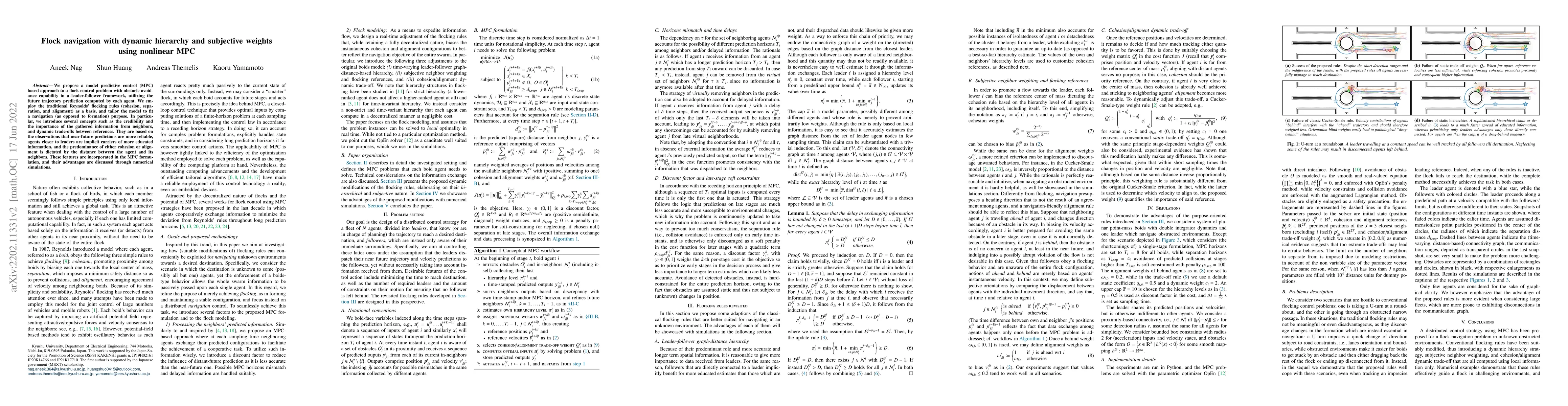 Thumbnail for Flock navigation with dynamic hierarchy and subjective weights using
  nonlinear MPC