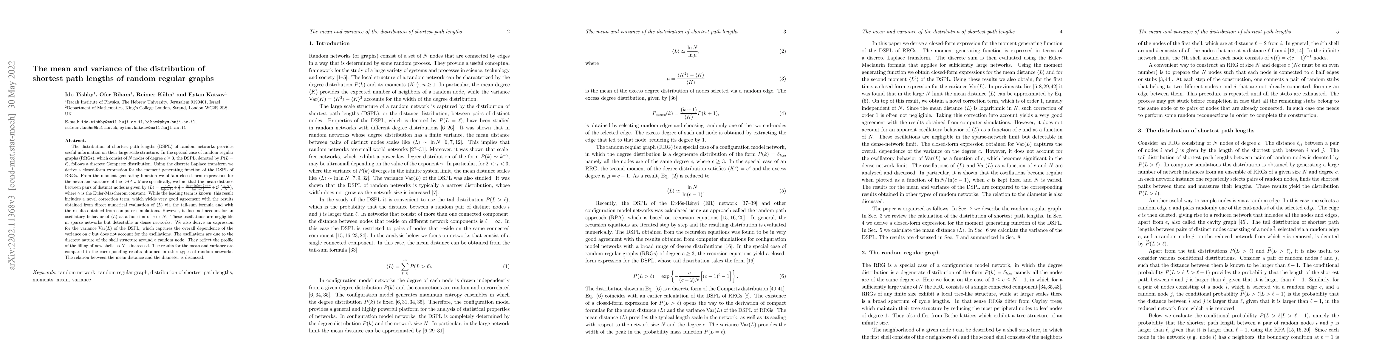 Thumbnail for The mean and variance of the distribution of shortest path lengths of
  random regular graphs