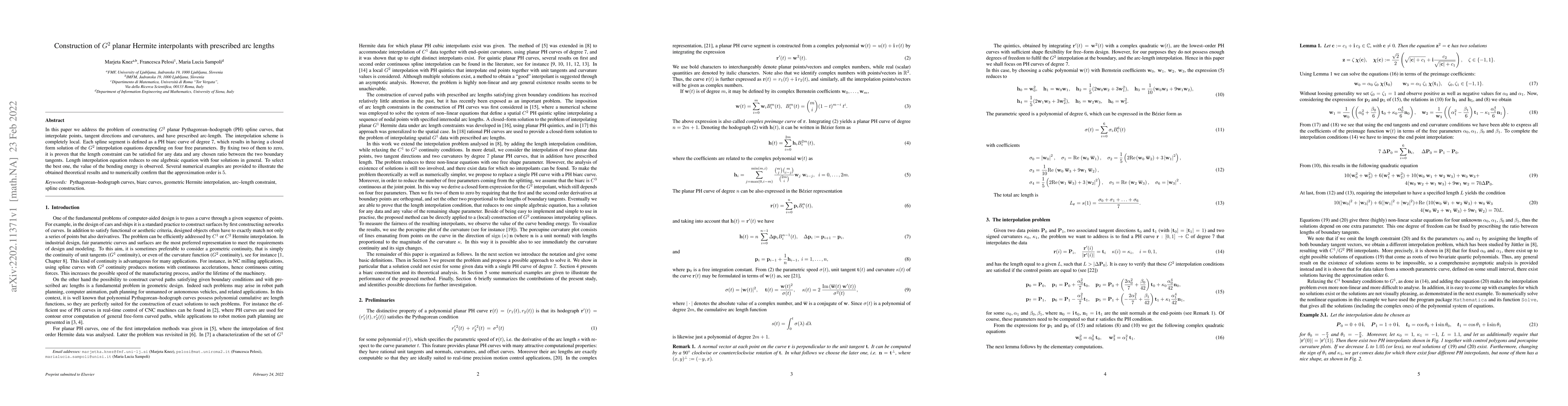 Thumbnail for Construction of $G^2$ planar Hermite interpolants with prescribed arc
  lengths