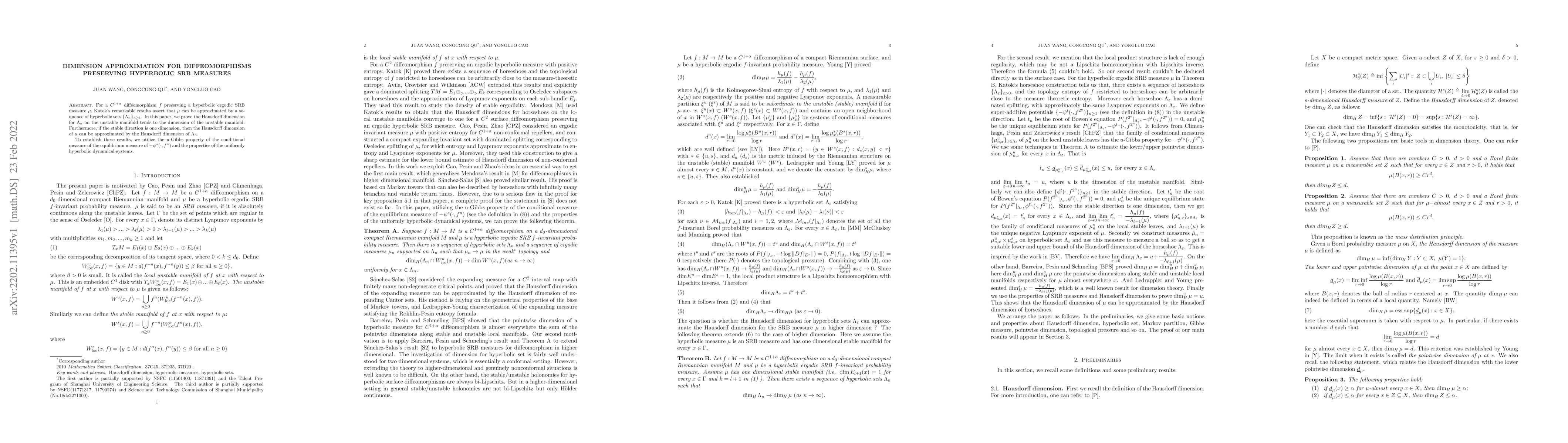 Thumbnail for Dimension approximation for diffeomorphisms preserving hyperbolic SRB
  measures