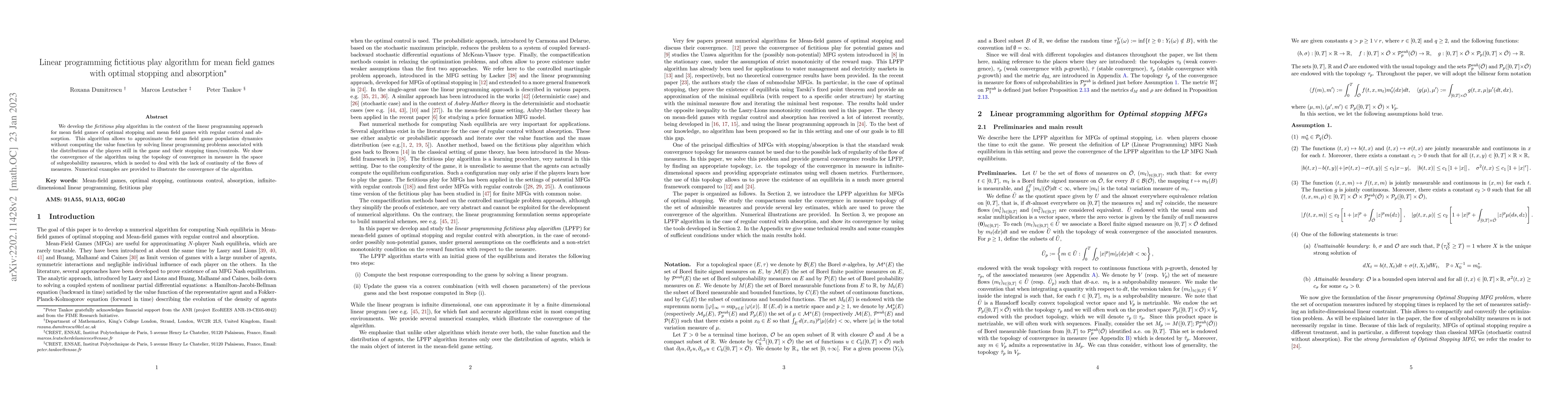 Thumbnail for Linear Programming Fictitious Play algorithm for Mean Field Games with
  optimal stopping and absorption