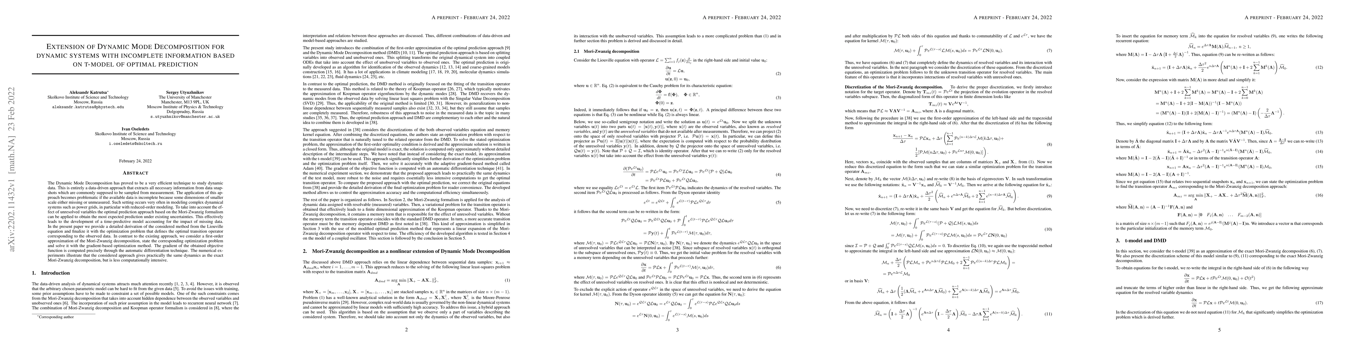 Thumbnail for Extension of Dynamic Mode Decomposition for dynamic systems with
  incomplete information based on t-model of optimal prediction