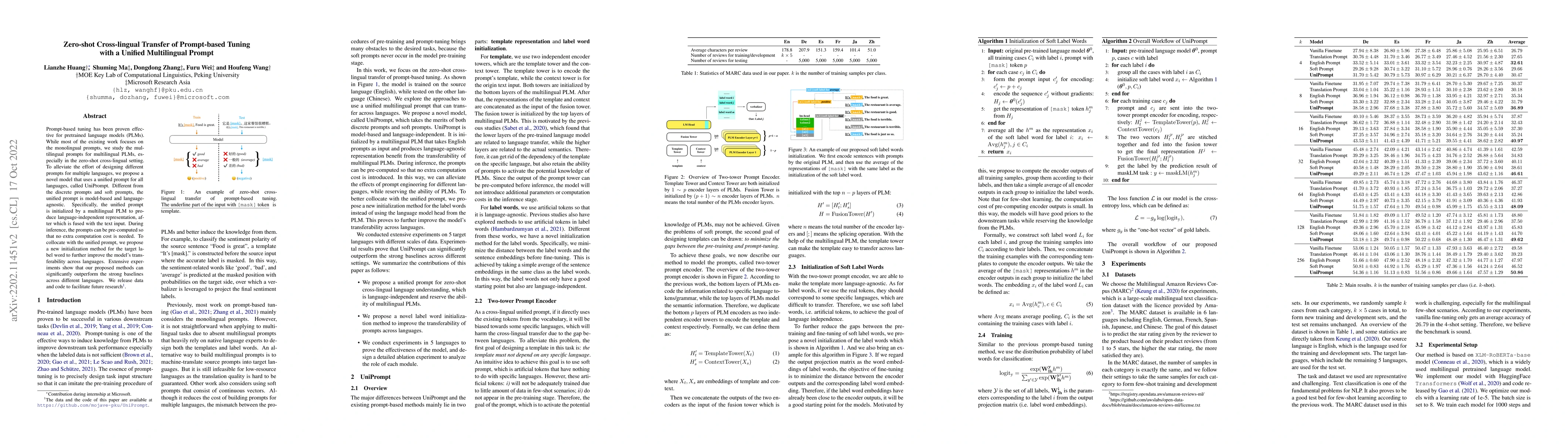 Thumbnail for Zero-shot Cross-lingual Transfer of Prompt-based Tuning with a Unified
  Multilingual Prompt