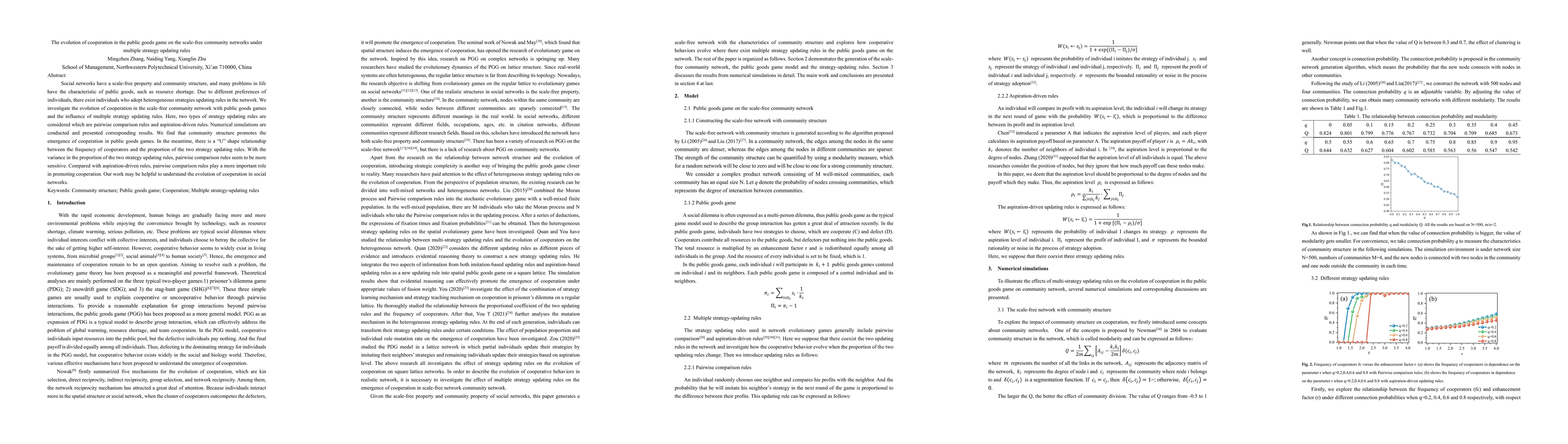 Thumbnail for The evolution of cooperation in the public goods game on the scale-free
  community networks under multiple strategy updating rules