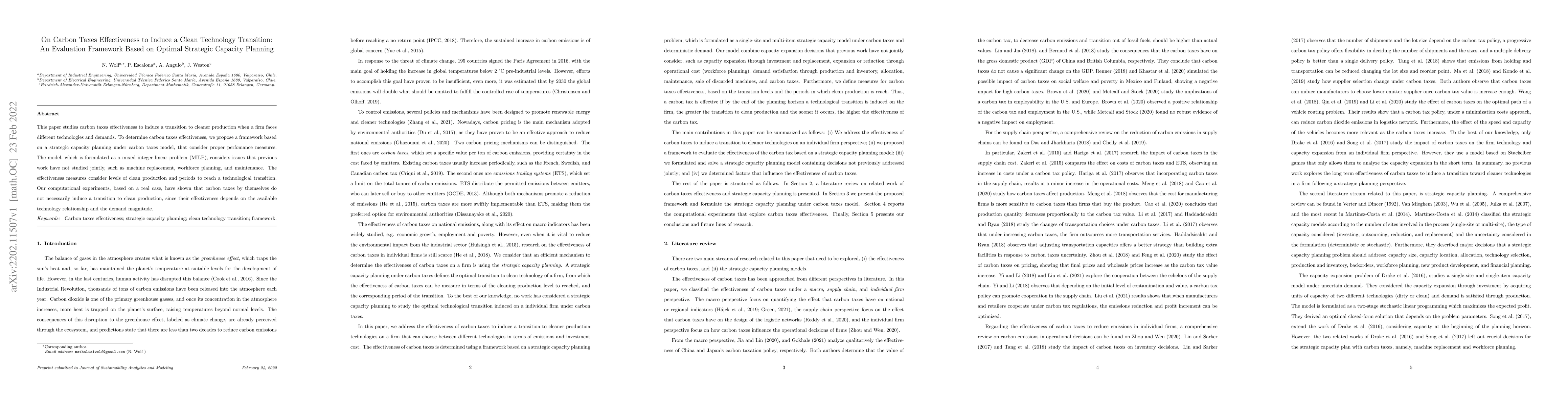 Thumbnail for On Carbon Taxes Effectiveness to Induce a Clean Technology Transition:
  An Evaluation Framework Based on Optimal Strategic Capacity Planning