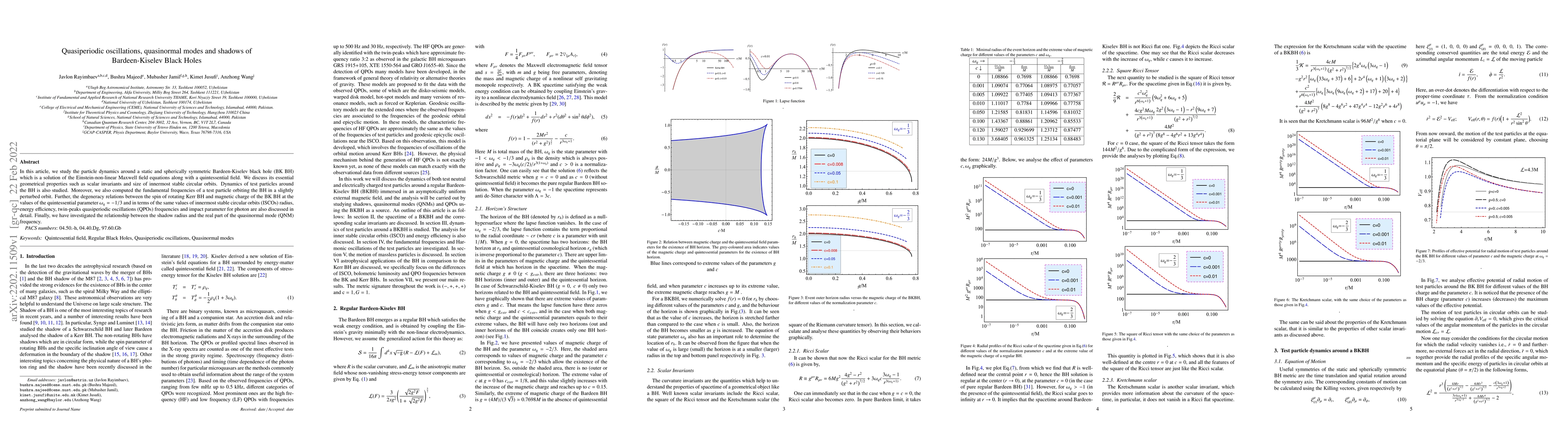 Thumbnail for Quasiperiodic Oscillations, Quasinormal Modes and Shadows of
  Bardeen-Kiselev Black Holes