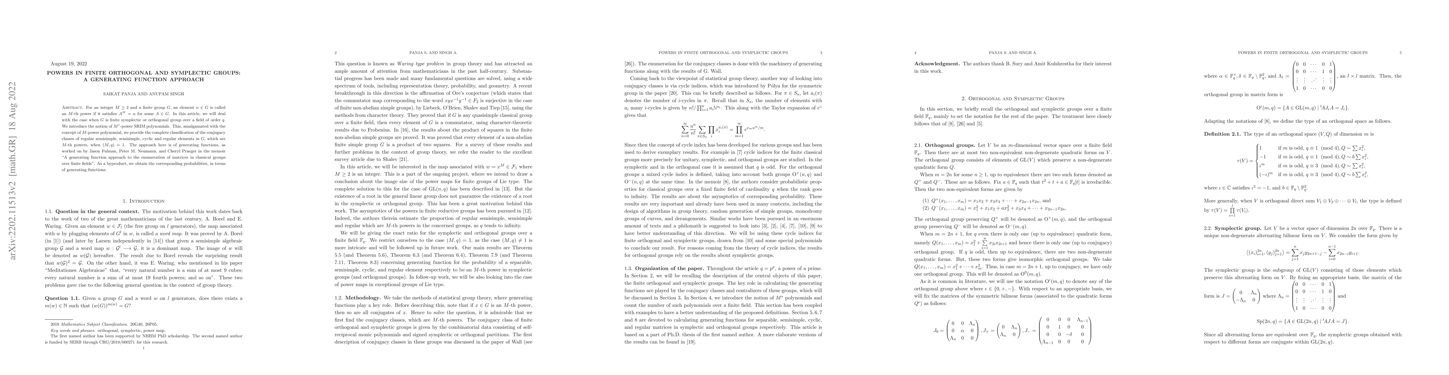 Thumbnail for Powers in finite orthogonal and symplectic groups: A generating function
  approach