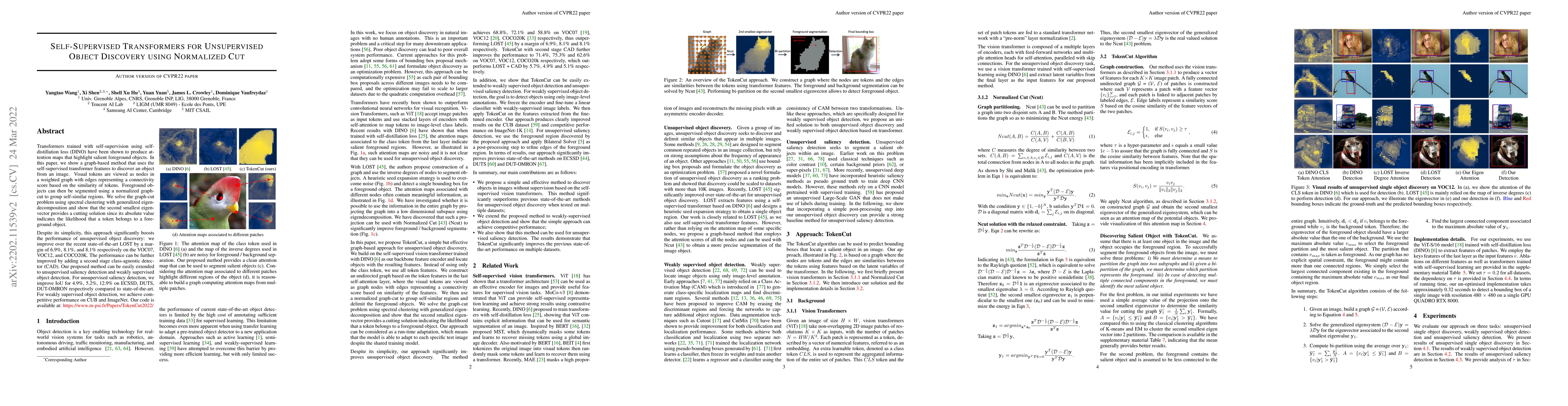 Thumbnail for Self-Supervised Transformers for Unsupervised Object Discovery using
  Normalized Cut