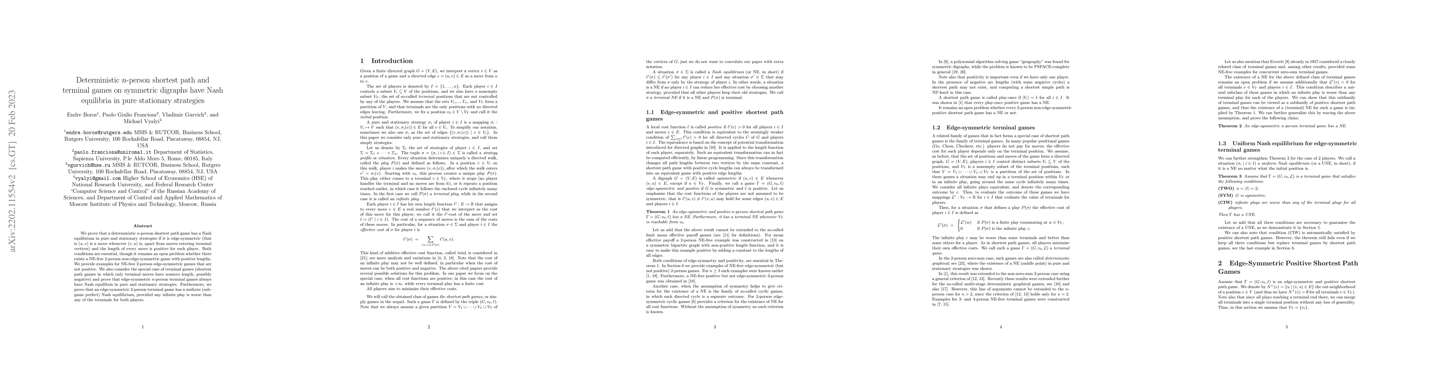 Thumbnail for Deterministic n-person shortest path and terminal games on symmetric
  digraphs have Nash equilibria in pure stationary strategies