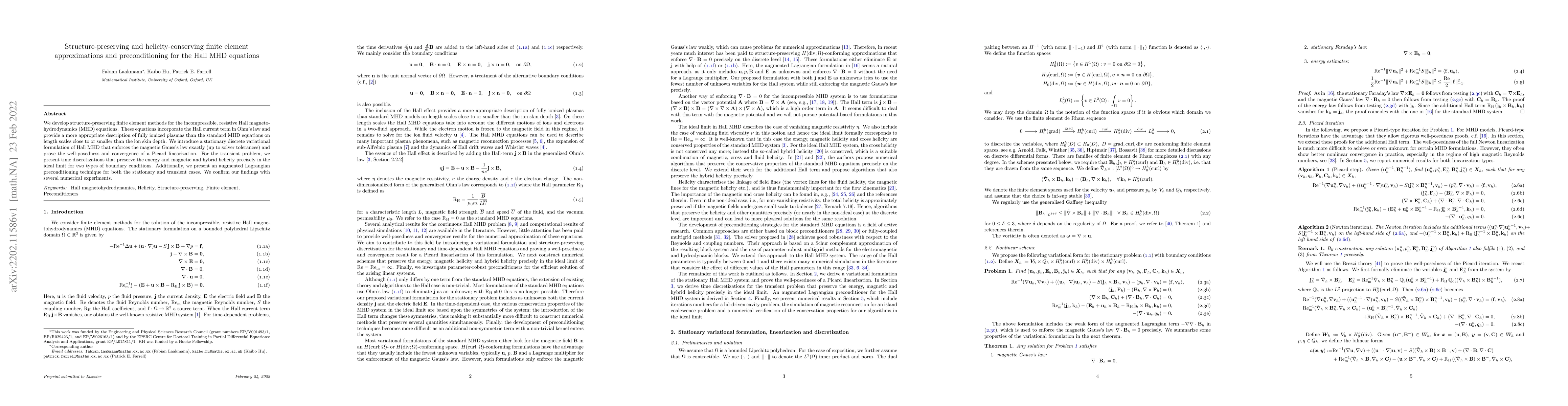 Thumbnail for Structure-preserving and helicity-conserving finite element
  approximations and preconditioning for the Hall MHD equations