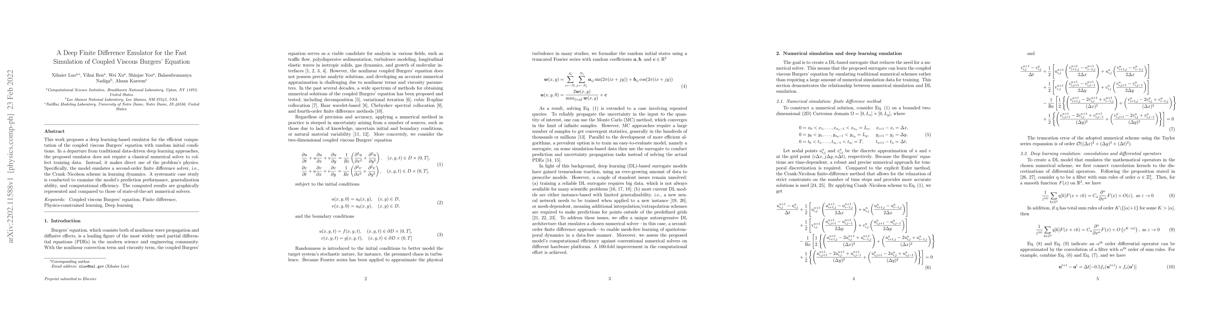 Thumbnail for A Deep Finite Difference Emulator for the Fast Simulation of Coupled
  Viscous Burgers' Equation