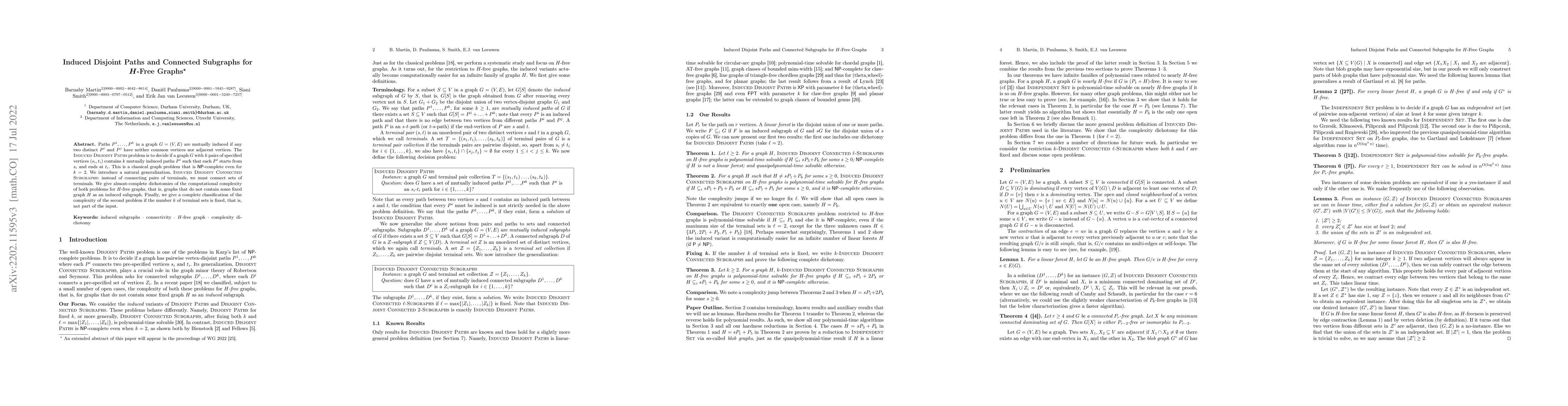 Thumbnail for Induced Disjoint Paths and Connected Subgraphs for $H$-Free Graphs