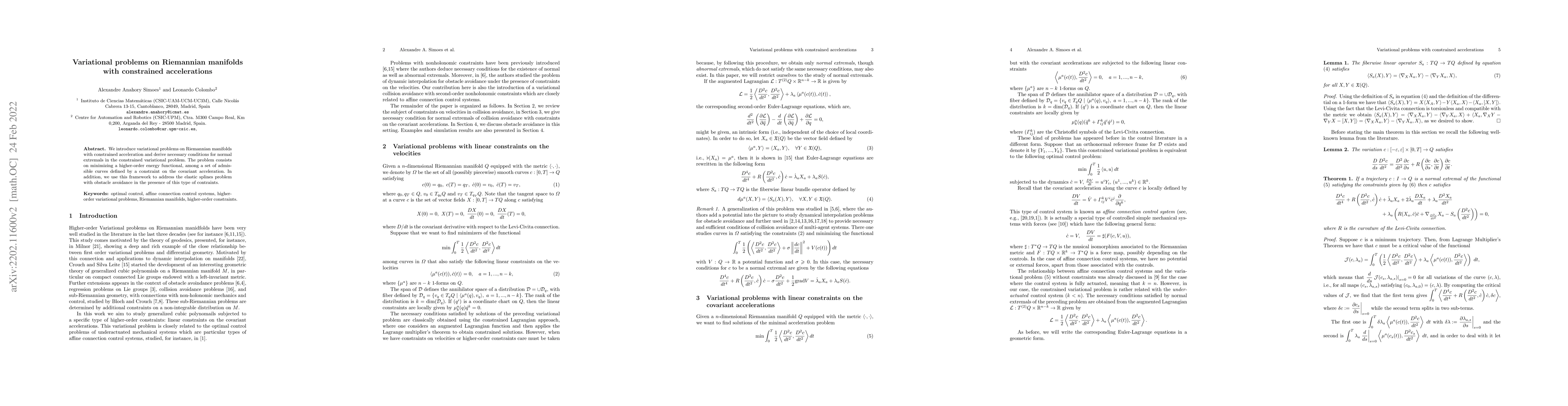 Thumbnail for Variational problems on Riemannian manifolds with constrained
  accelerations