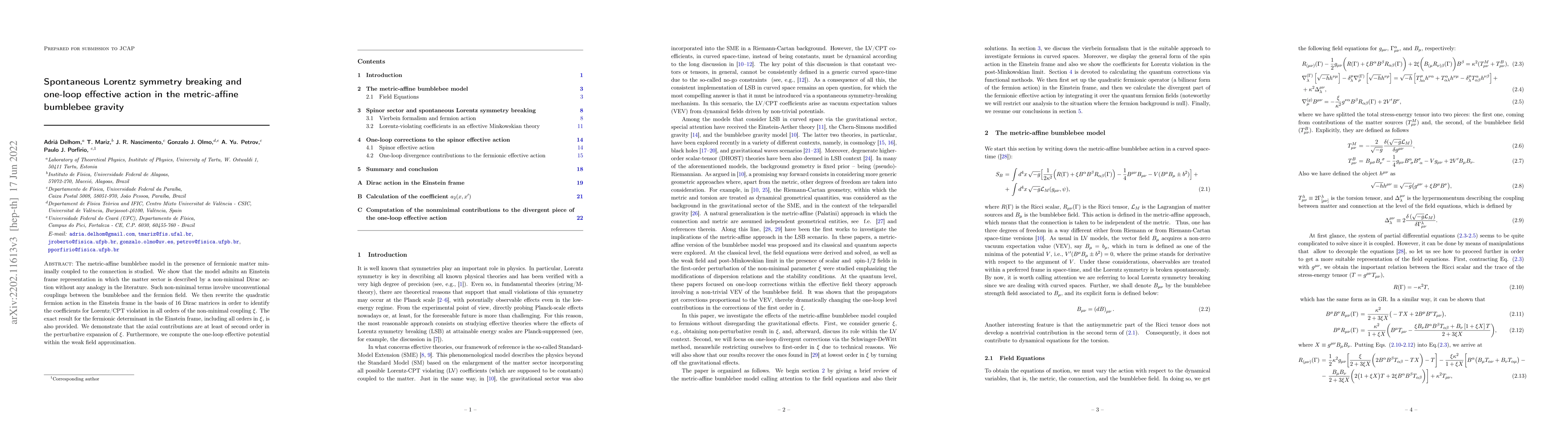 Thumbnail for Spontaneous Lorentz symmetry breaking and one-loop effective action in
  the metric-affine bumblebee gravity