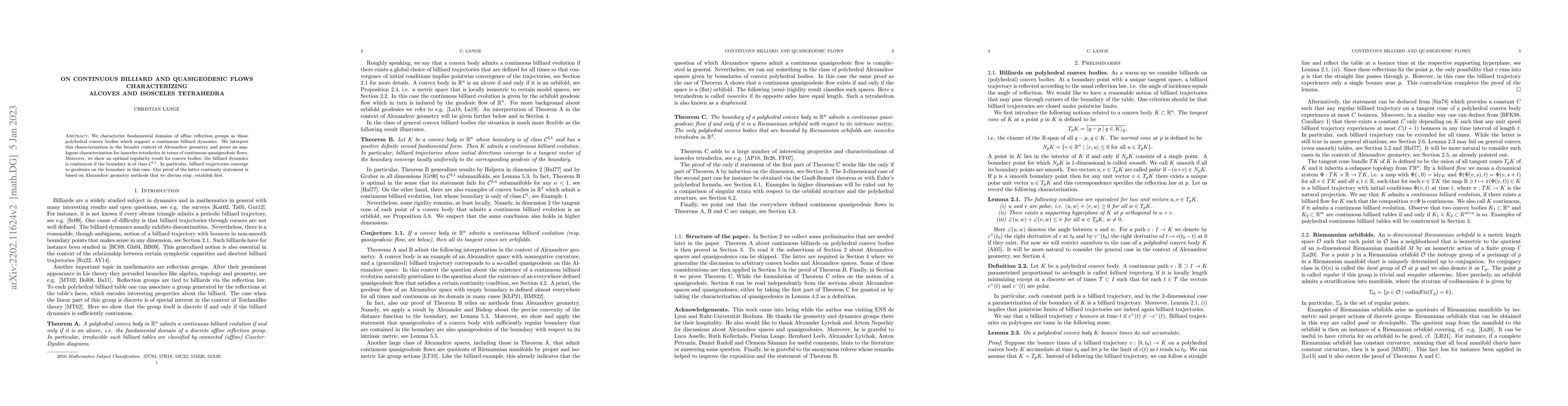 Thumbnail for On continuous billiard and quasigeodesic flows characterizing alcoves
  and isosceles tetrahedra