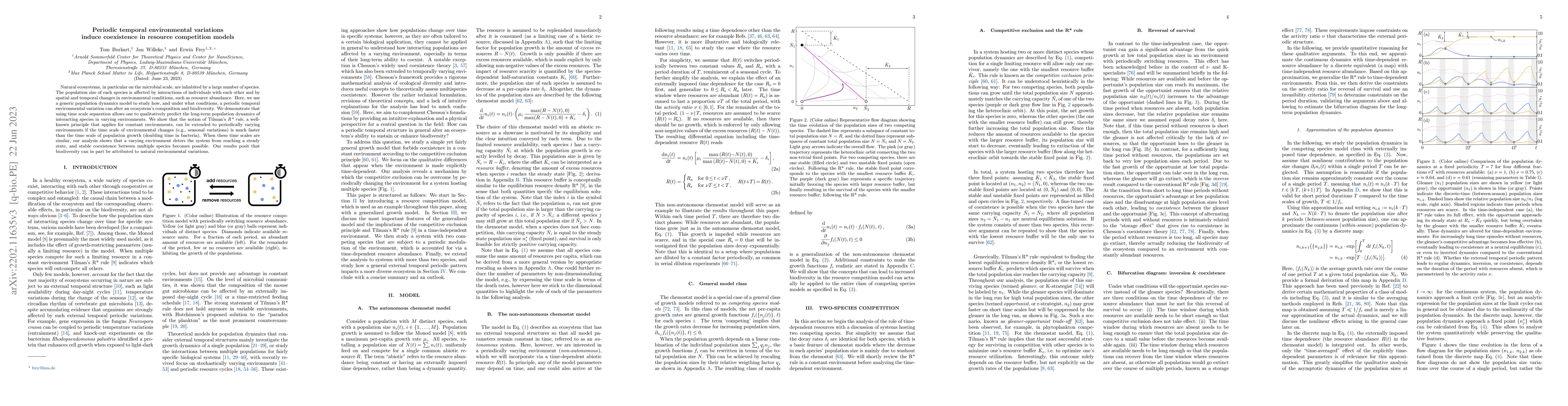 Thumbnail for Periodic temporal environmental variations induce coexistence in
  resource competition models