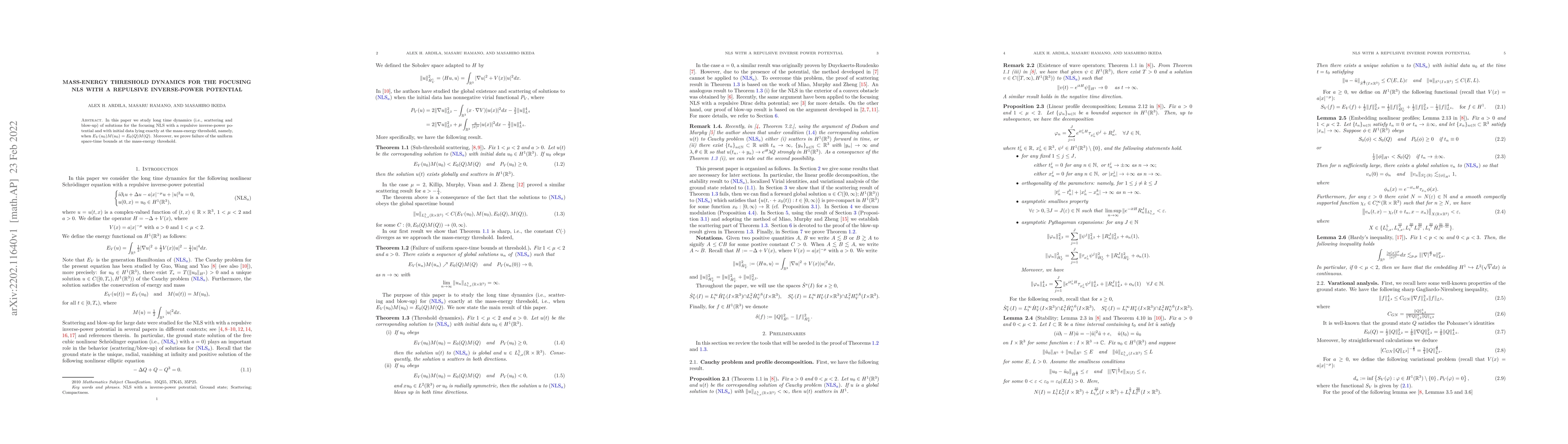 Thumbnail for Mass-energy threshold dynamics for the focusing NLS with a repulsive
  inverse-power potential