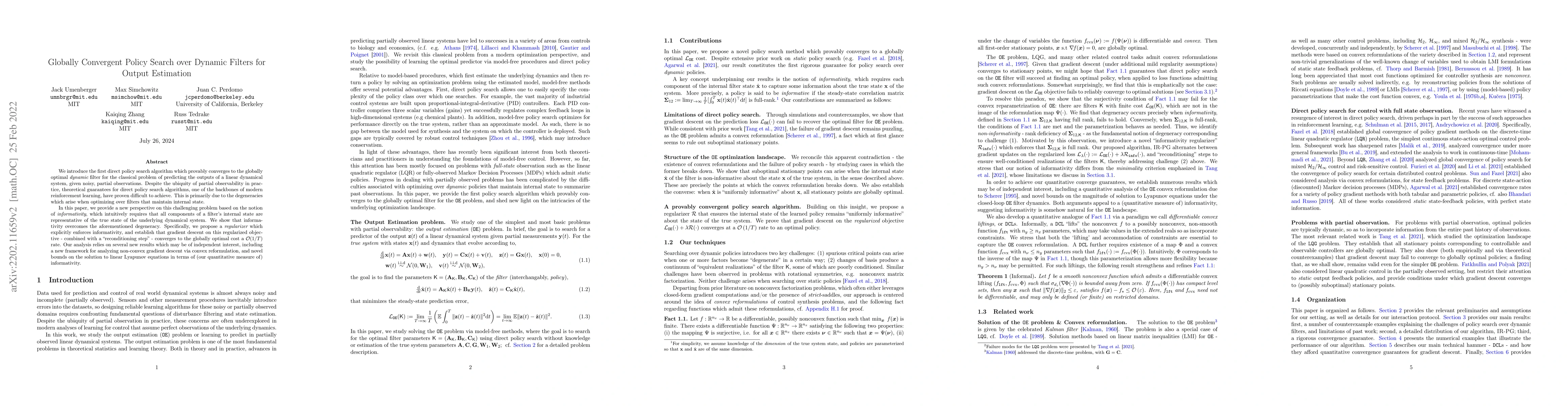 Thumbnail for Globally Convergent Policy Search over Dynamic Filters for Output
  Estimation