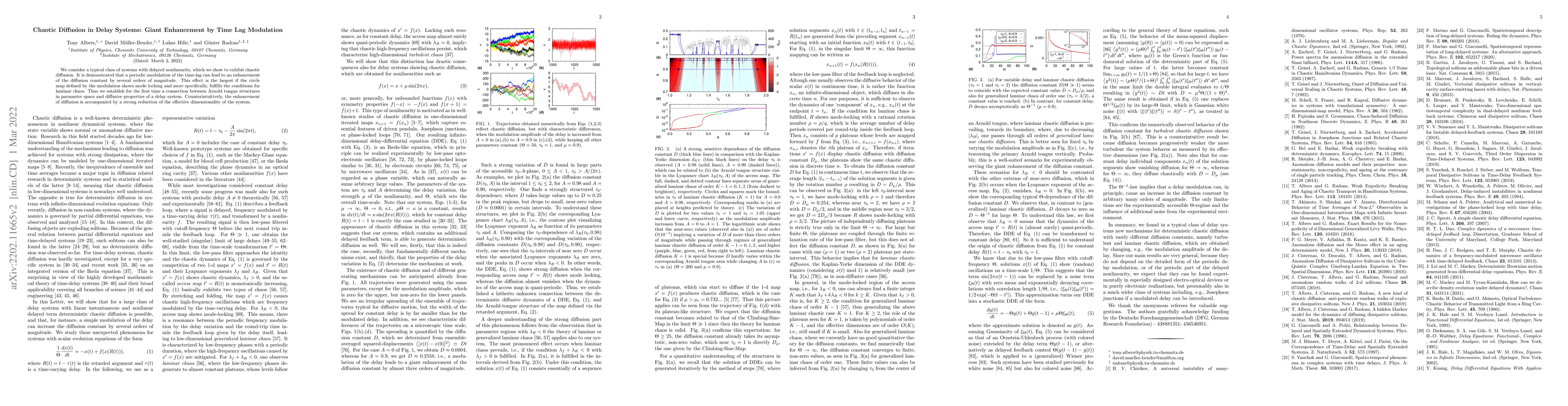 Thumbnail for Chaotic Diffusion in Delay Systems: Giant Enhancement by Time Lag
  Modulation
