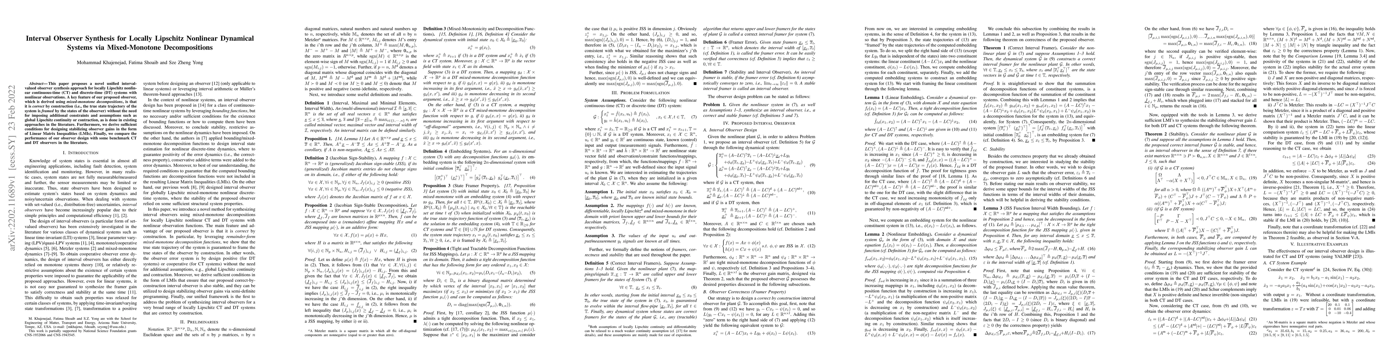 Thumbnail for Interval Observer Synthesis for Locally Lipschitz Nonlinear Dynamical
  Systems via Mixed-Monotone Decompositions