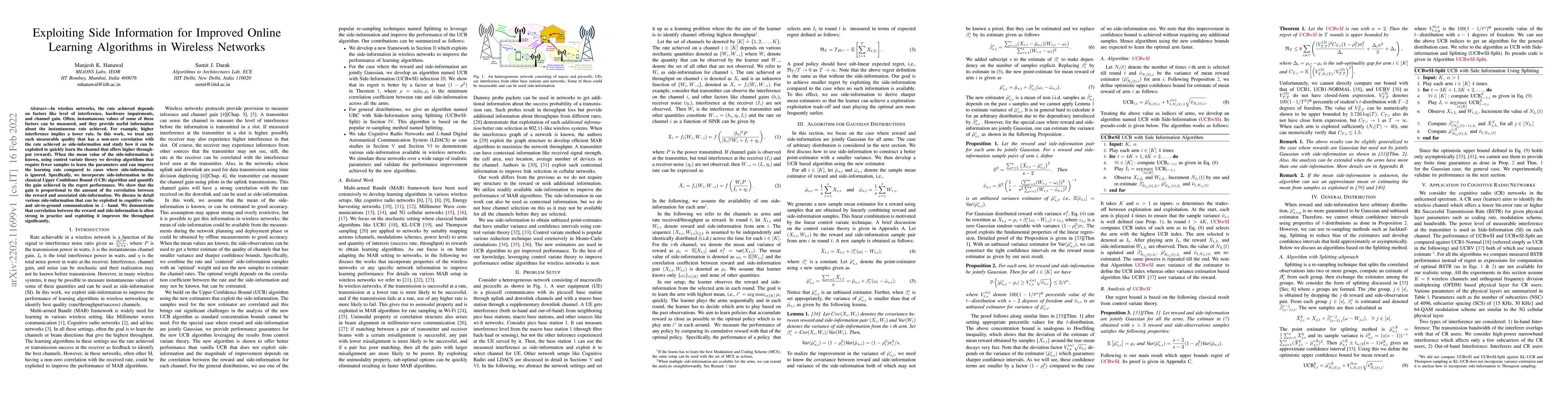 Thumbnail for Exploiting Side Information for Improved Online Learning Algorithms in
  Wireless Networks