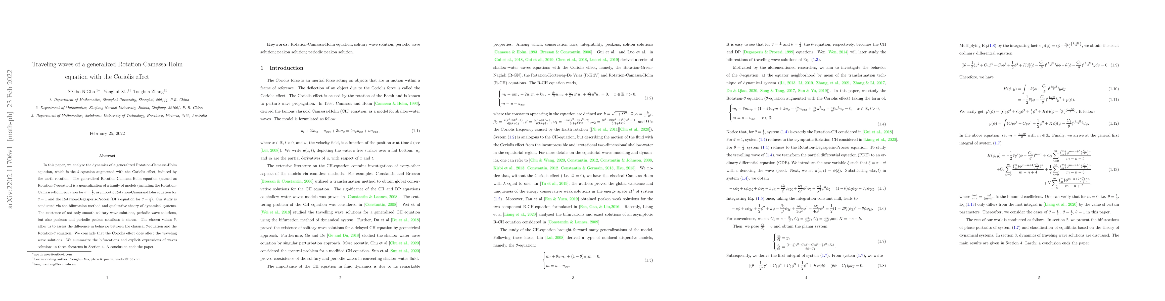 Thumbnail for Traveling waves of a generalized Rotation-Camassa-Holm equation with the
  Coriolis effect