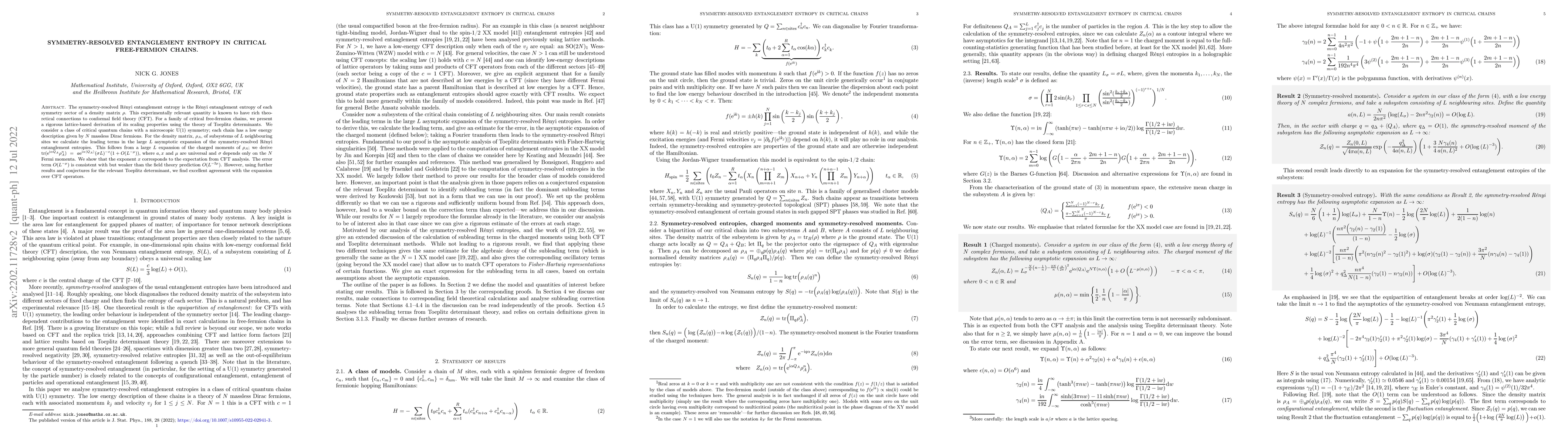 Thumbnail for Symmetry-resolved entanglement entropy in critical free-fermion chains