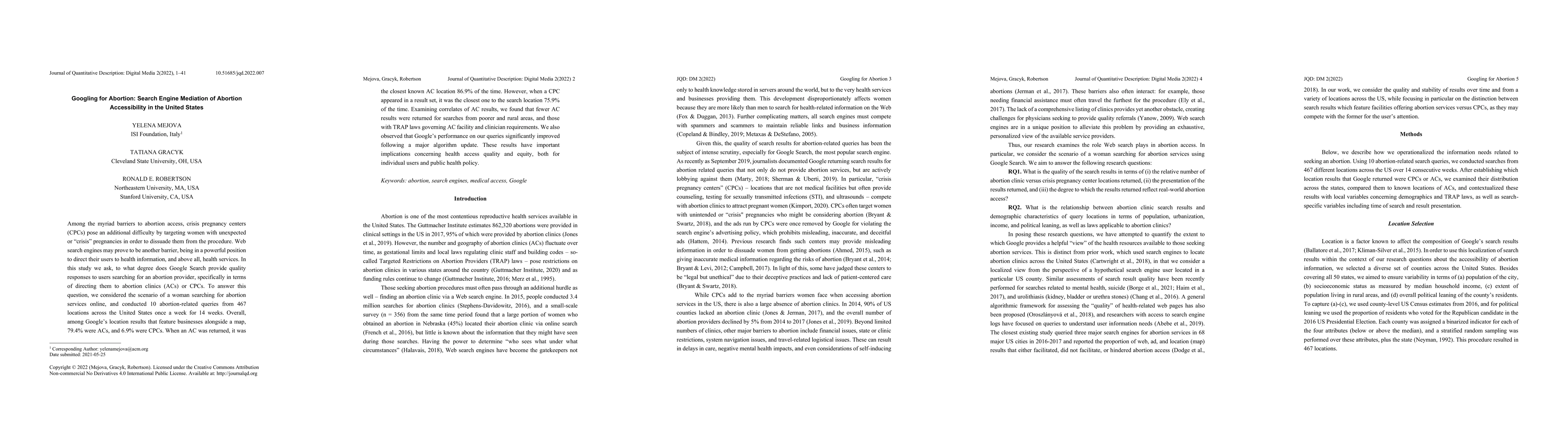Thumbnail for Googling for Abortion: Search Engine Mediation of Abortion Accessibility
  in the United States