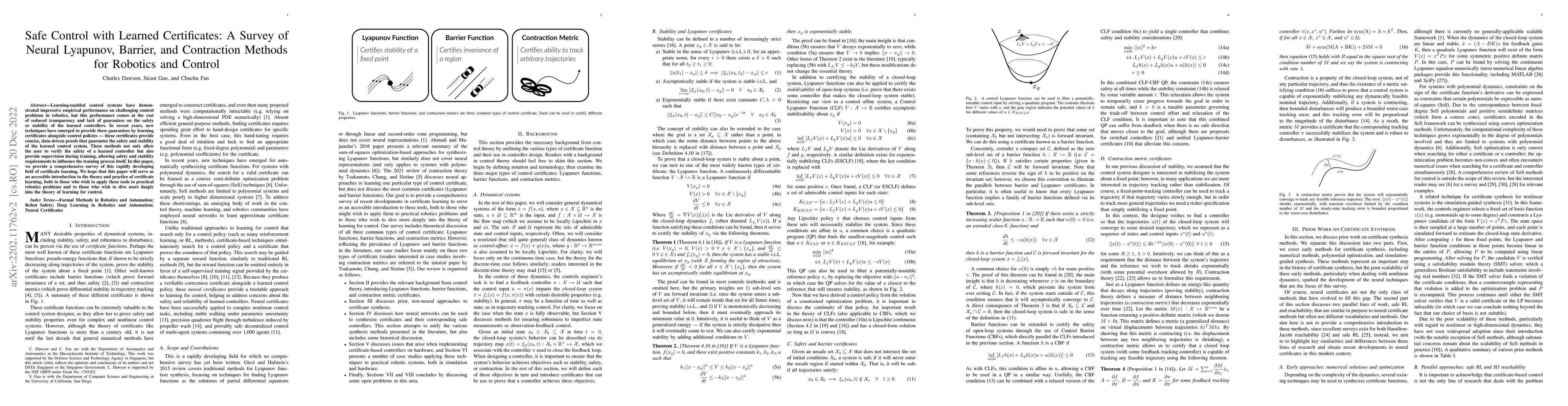 Thumbnail for Safe Control with Learned Certificates: A Survey of Neural Lyapunov,
  Barrier, and Contraction methods