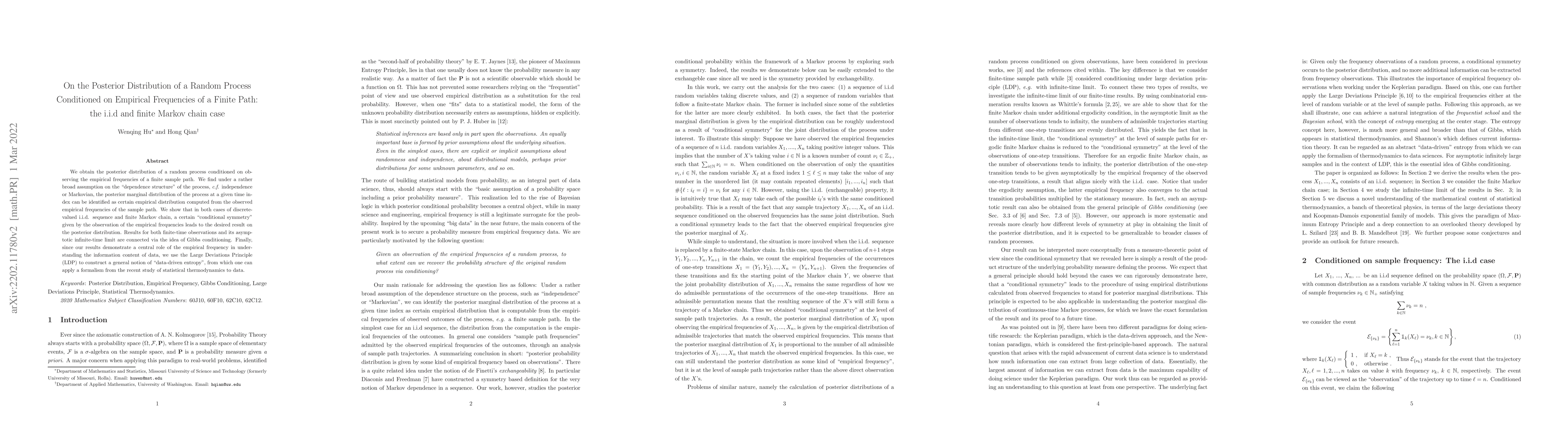 Thumbnail for On the Posterior Distribution of a Random Process Conditioned on
  Empirical Frequencies of a Finite Path: the i.i.d and finite Markov chain
  case