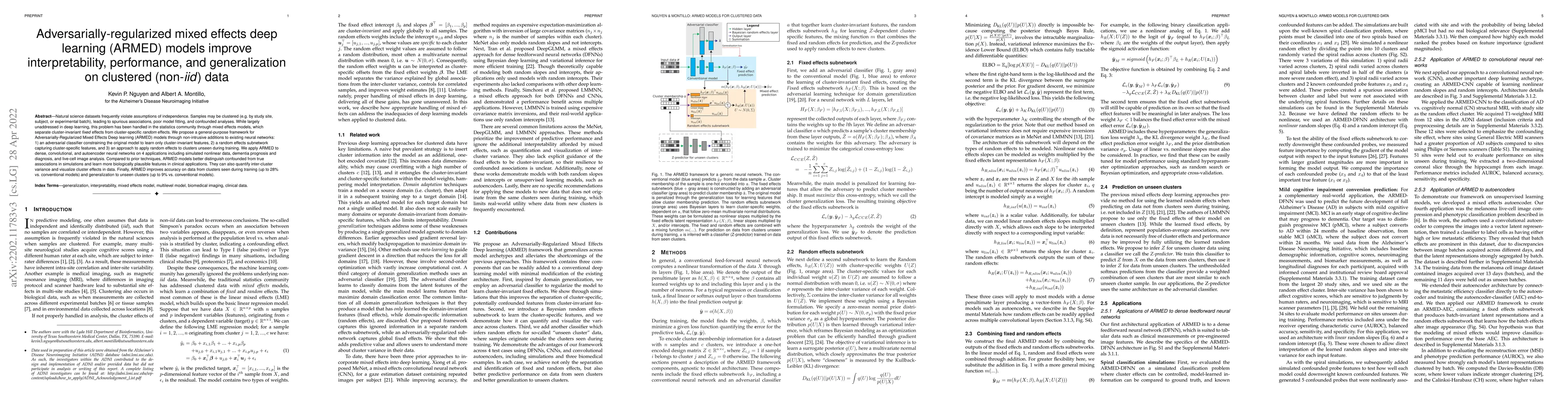 Thumbnail for Adversarially-regularized mixed effects deep learning (ARMED) models for
  improved interpretability, performance, and generalization on clustered data