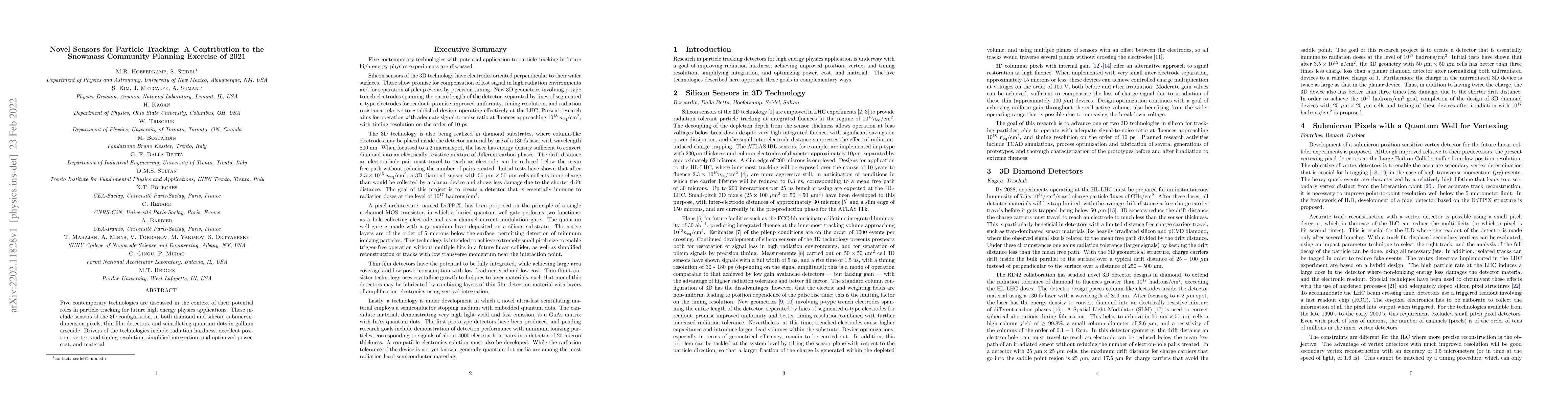 Thumbnail for Novel Sensors for Particle Tracking: a Contribution to the Snowmass
  Community Planning Exercise of 2021