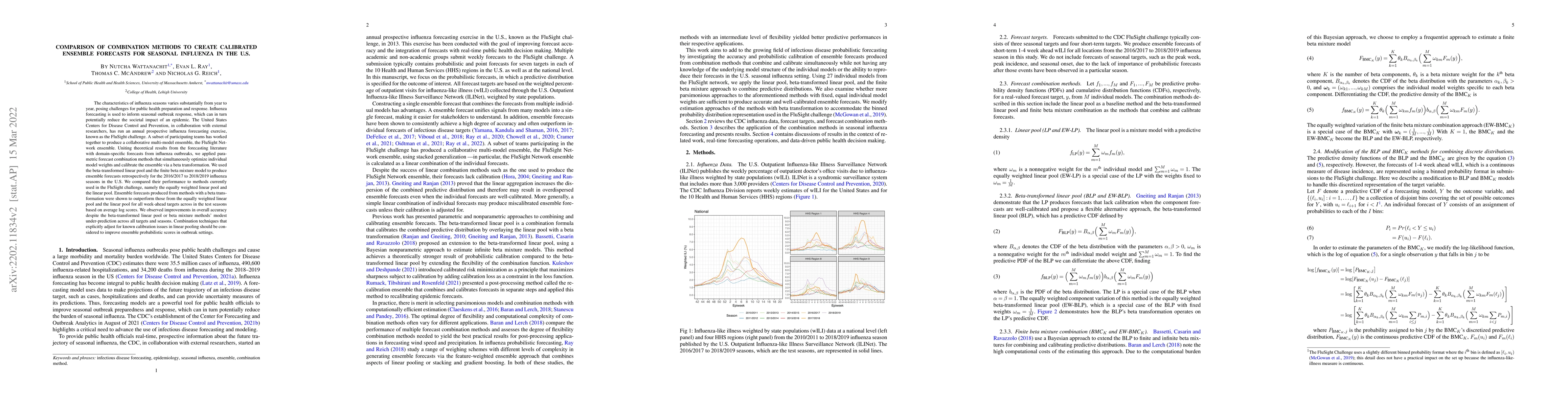 Thumbnail for Comparison of Combination Methods to Create Calibrated Ensemble
  Forecasts for Seasonal Influenza in the U.S