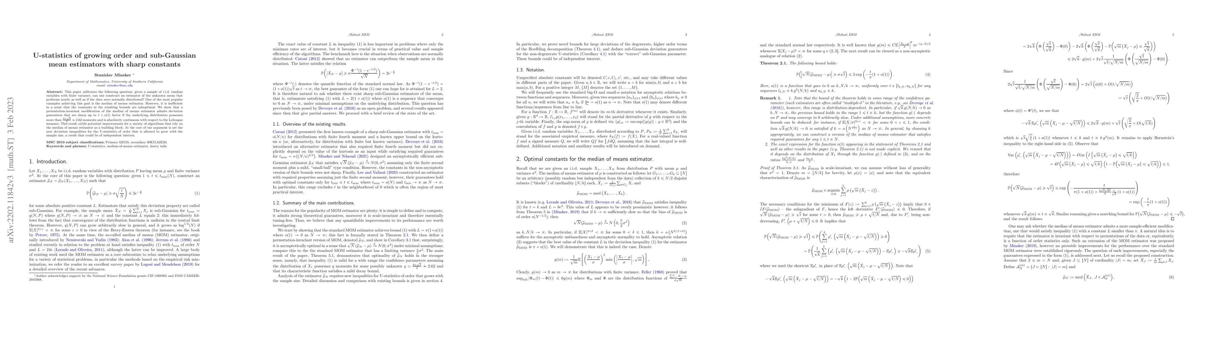 Thumbnail for U-statistics of growing order and sub-Gaussian mean estimators with
  sharp constants