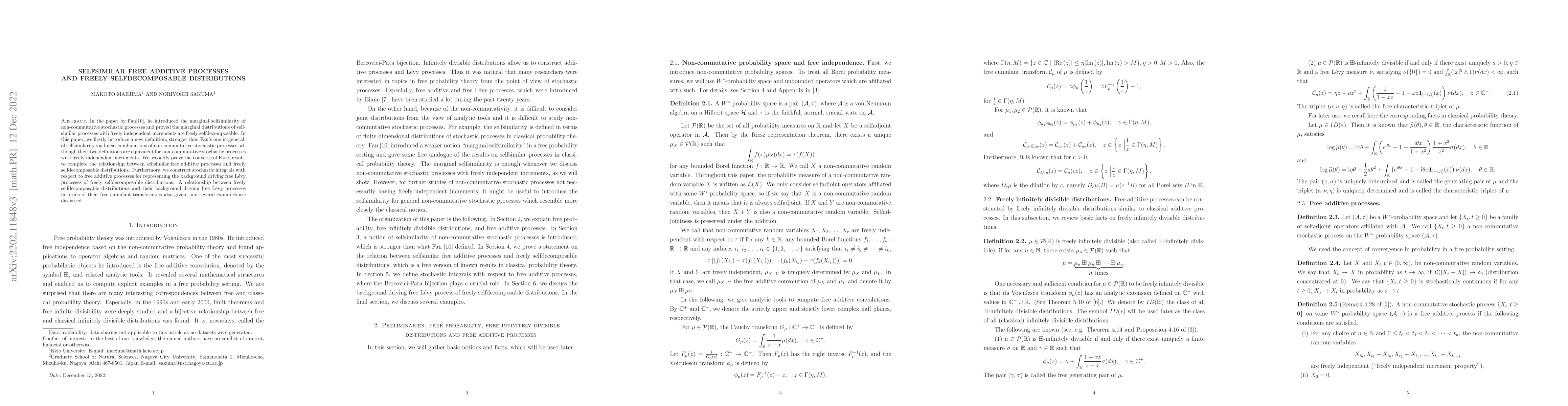 Thumbnail for Selfsimilar free additive processes and freely selfdecomposable
  distributions