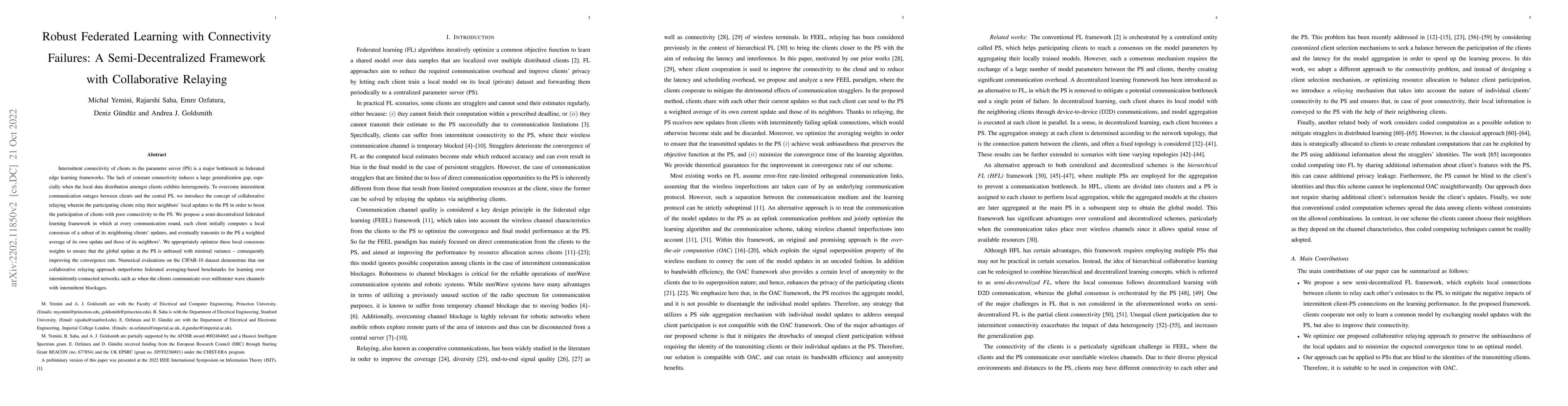 Thumbnail for Robust Federated Learning with Connectivity Failures: A
  Semi-Decentralized Framework with Collaborative Relaying