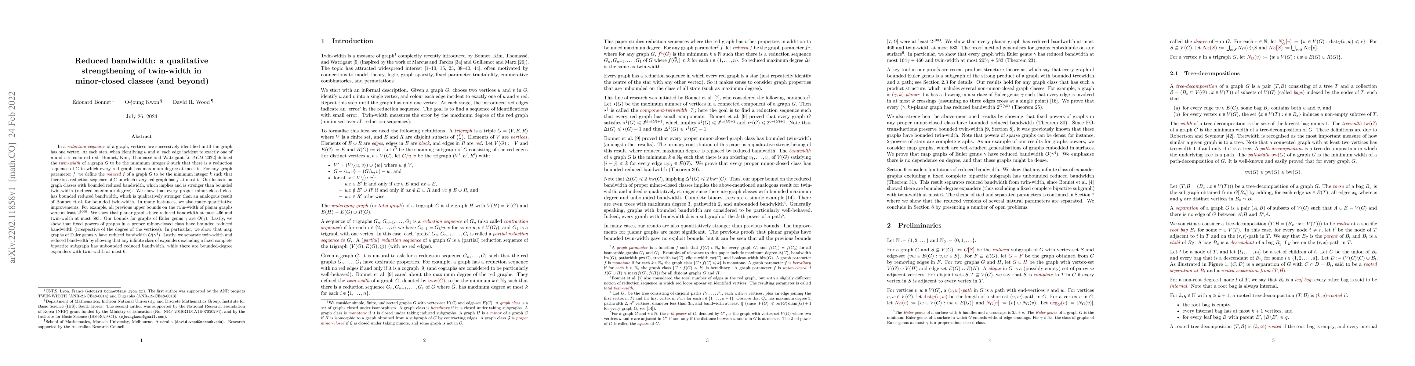 Thumbnail for Reduced bandwidth: a qualitative strengthening of twin-width in
  minor-closed classes (and beyond)