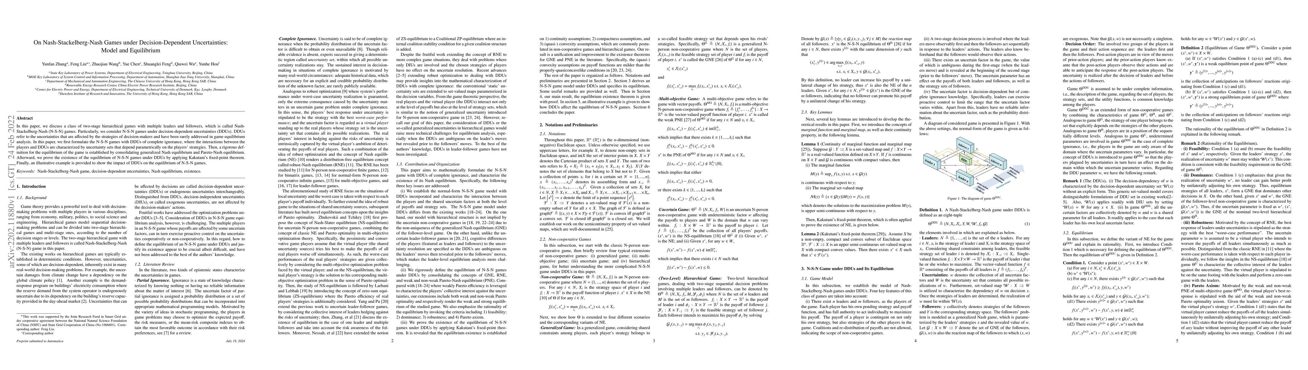 Thumbnail for On Nash-Stackelberg-Nash Games under Decision-Dependent Uncertainties:
  Model and Equilibrium