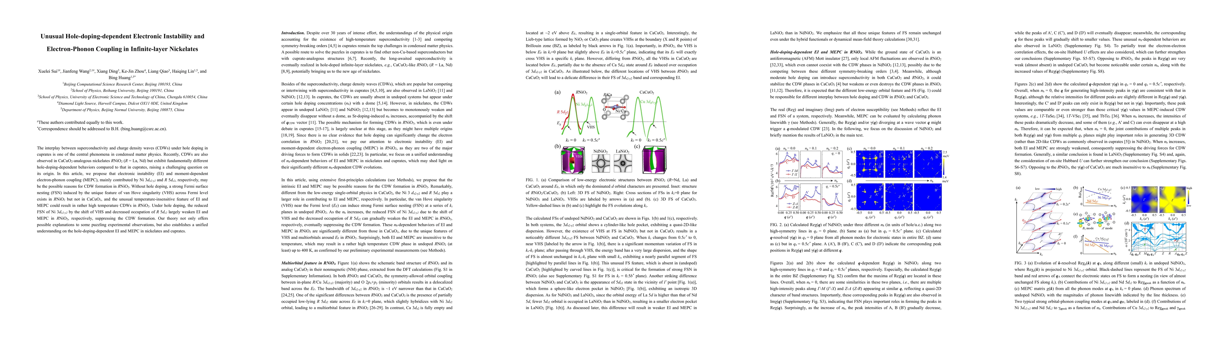 Thumbnail for Unusual Hole-doping-dependent Electronic Instability and Electron-Phonon
  Coupling in Infinite-layer Nickelates
