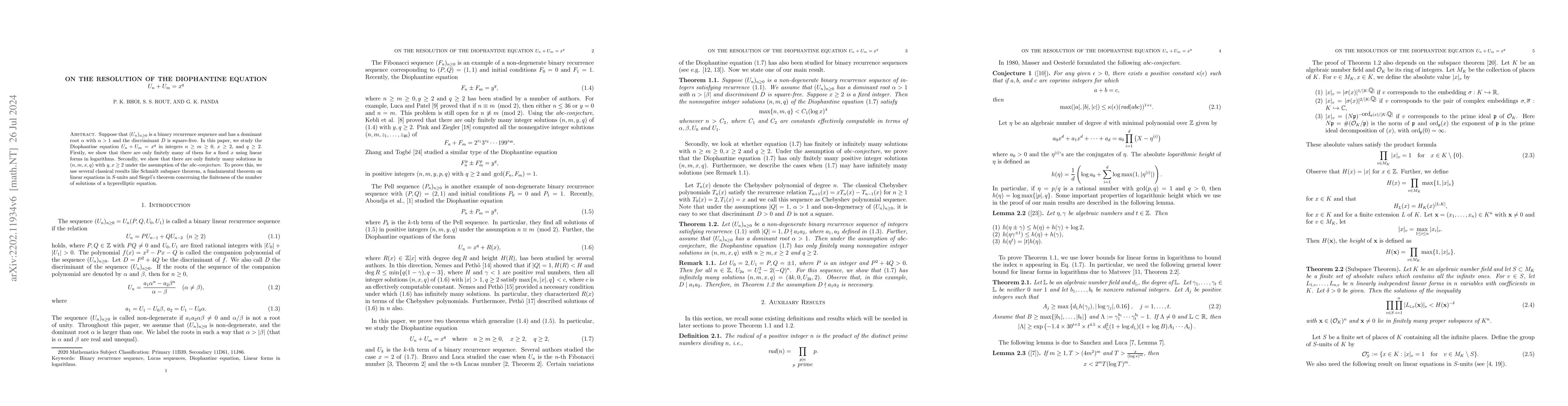 Thumbnail for On the resolution of the Diophantine equation $U_n + U_m = x^q$